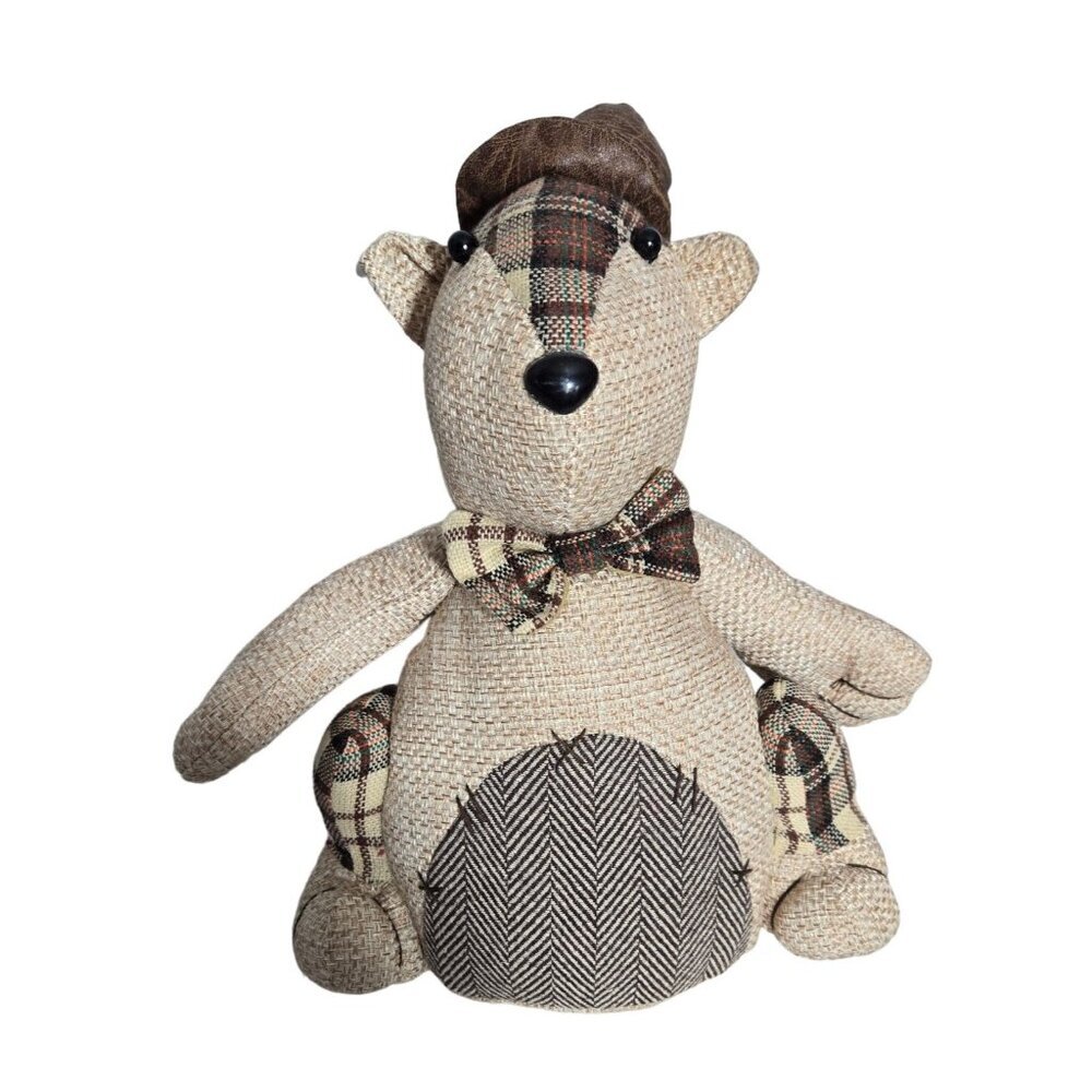 Rustic Fabric Squirrel Doorstop/ Shelf Sitter with Faux Fur Tail & Plaid Accents - Picture 2 of 11